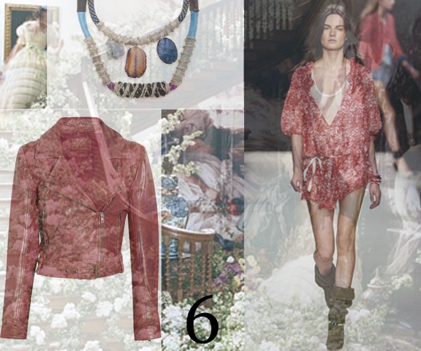 Sandro leather jacket, Isabele Marant Floral red dress, Proenza Schouler necklace